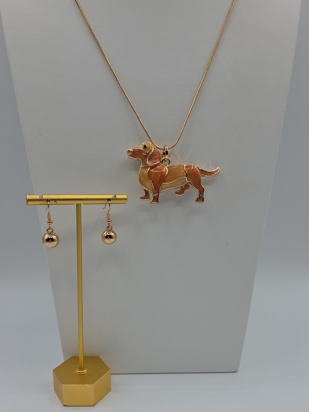 Dachshund Pendant Necklace with Drop Ball Earrings - Gold Tone